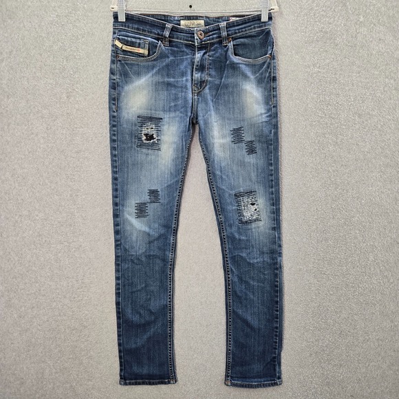 VINTAGE Diesel Men Jeans 32x31 Blue Denim Skinny Low Rise Cow Leather Label Y2K - Picture 1 of 15